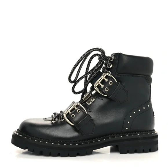 Jimmy Choo Calfskin Breeze Biker Combat Boots Sz 37.5 Black Moto Buckle Studded - Picture 2 of 16